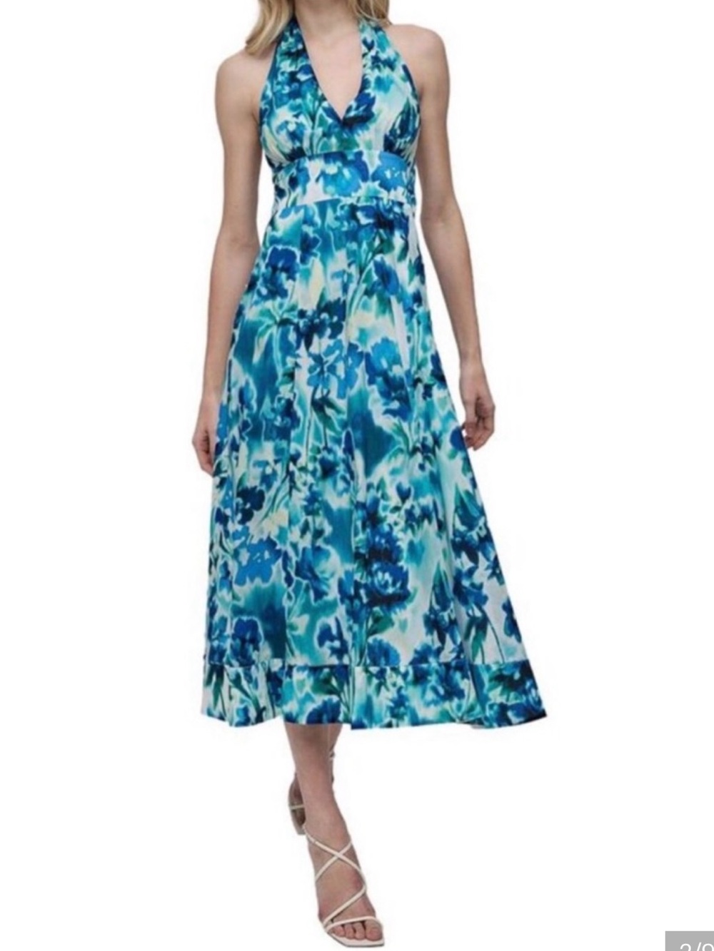 DKNY Blue & Aqua Floral Halter Maxi Dress